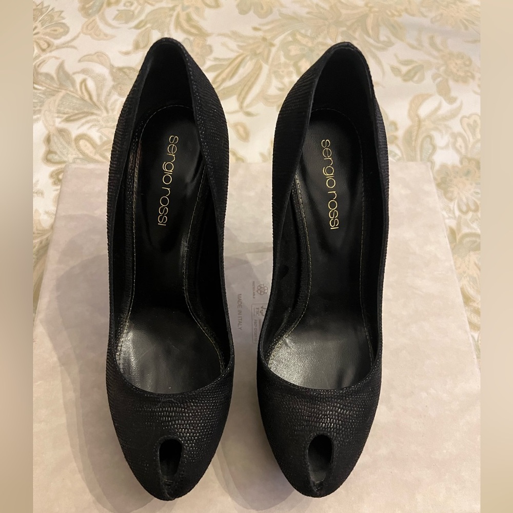 Sergio Rossi Women's Shoes Peep Toe High Heel Black Pump Leather